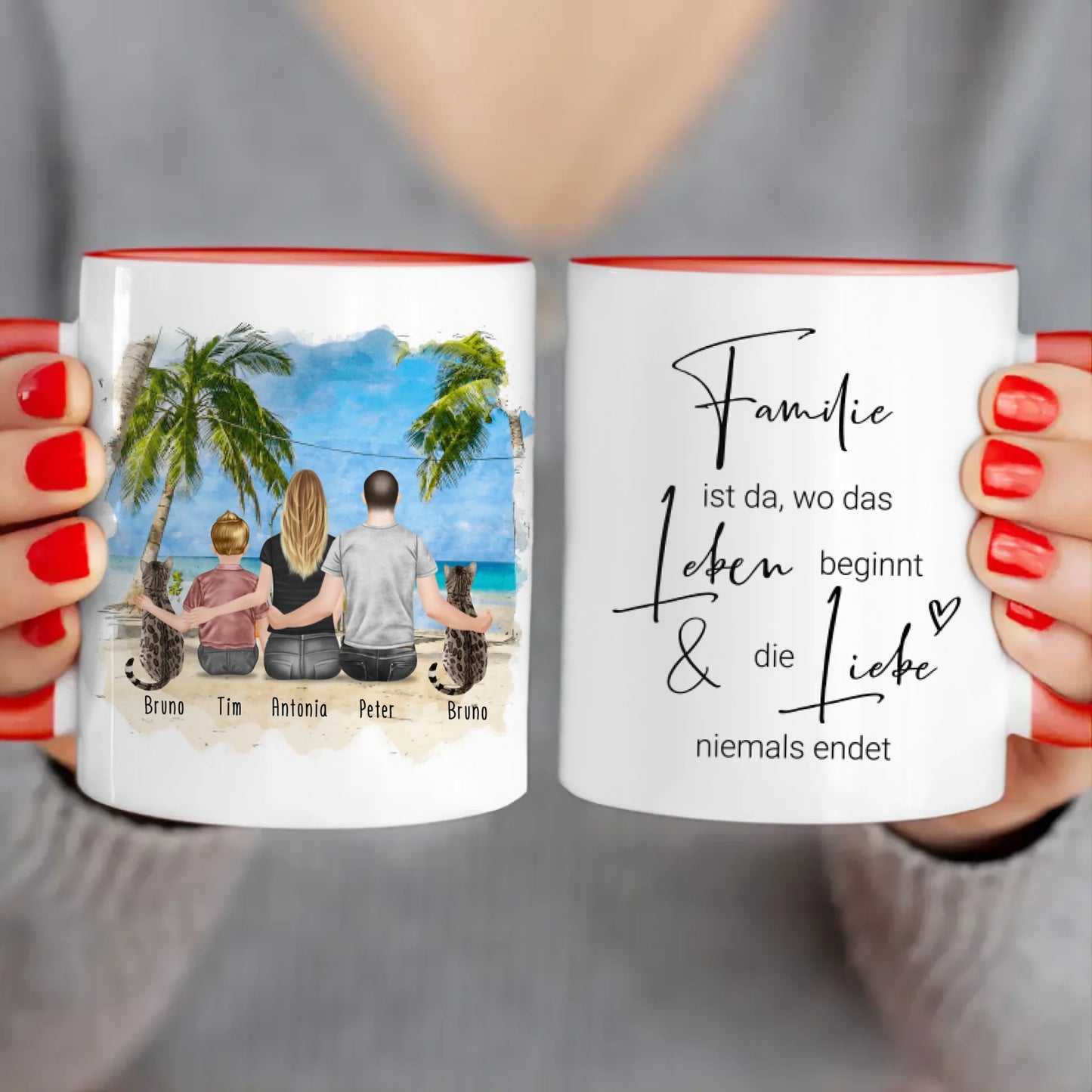 Personalisierte Tasse mit Familie + 2 Katzen (1 Kind)