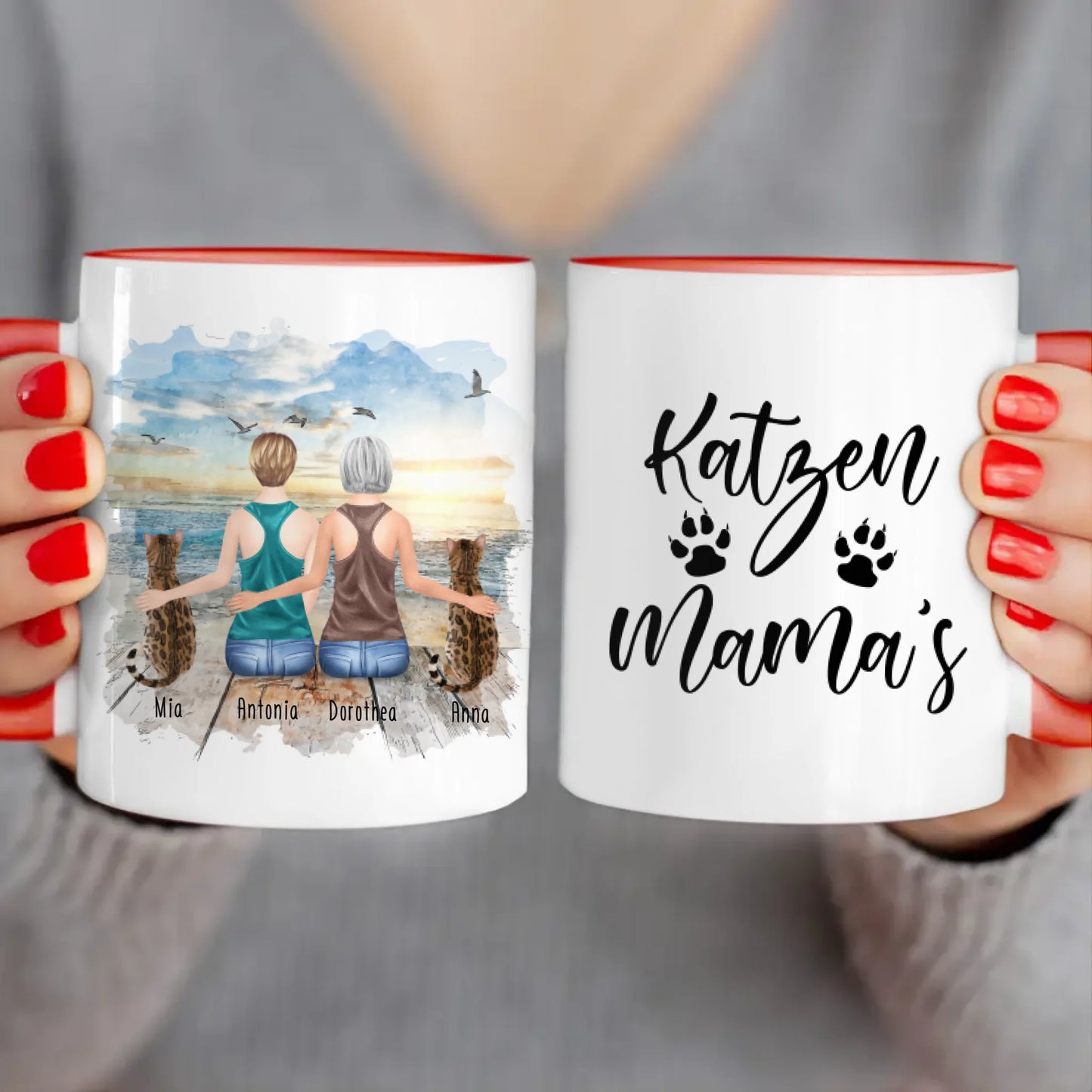 Personalisierte Tasse mit Katzen und Frauen (2 Katzen + 2 Frauen)