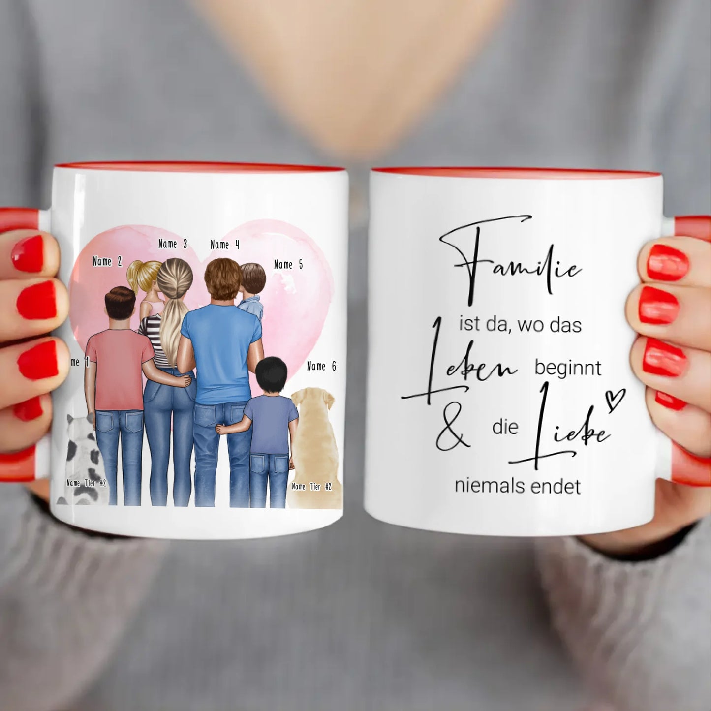 Personalisierte Tasse - Familie + 1-4 Kinder + 1-2 Hunde/Katzen