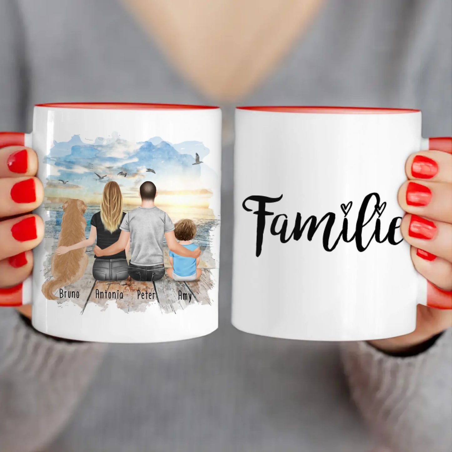 Personalisierte Tasse mit Familie + 1 Hund (1 Baby)