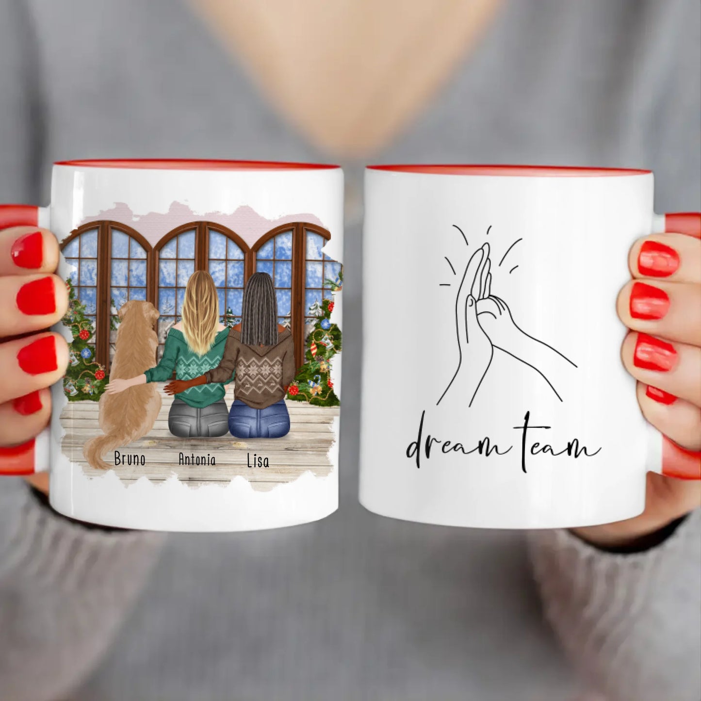 Personalisierte Tasse mit Hund und Frauen (1 Hund + 2 Frauen) - Weihnachtstasse