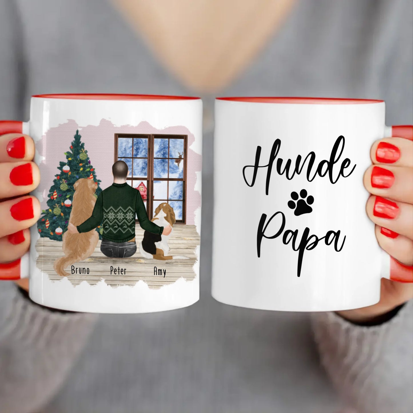 Personalisierte Tasse mit Hund und Mann (2 Hunde + 1 Mann) - Weihnachtstasse