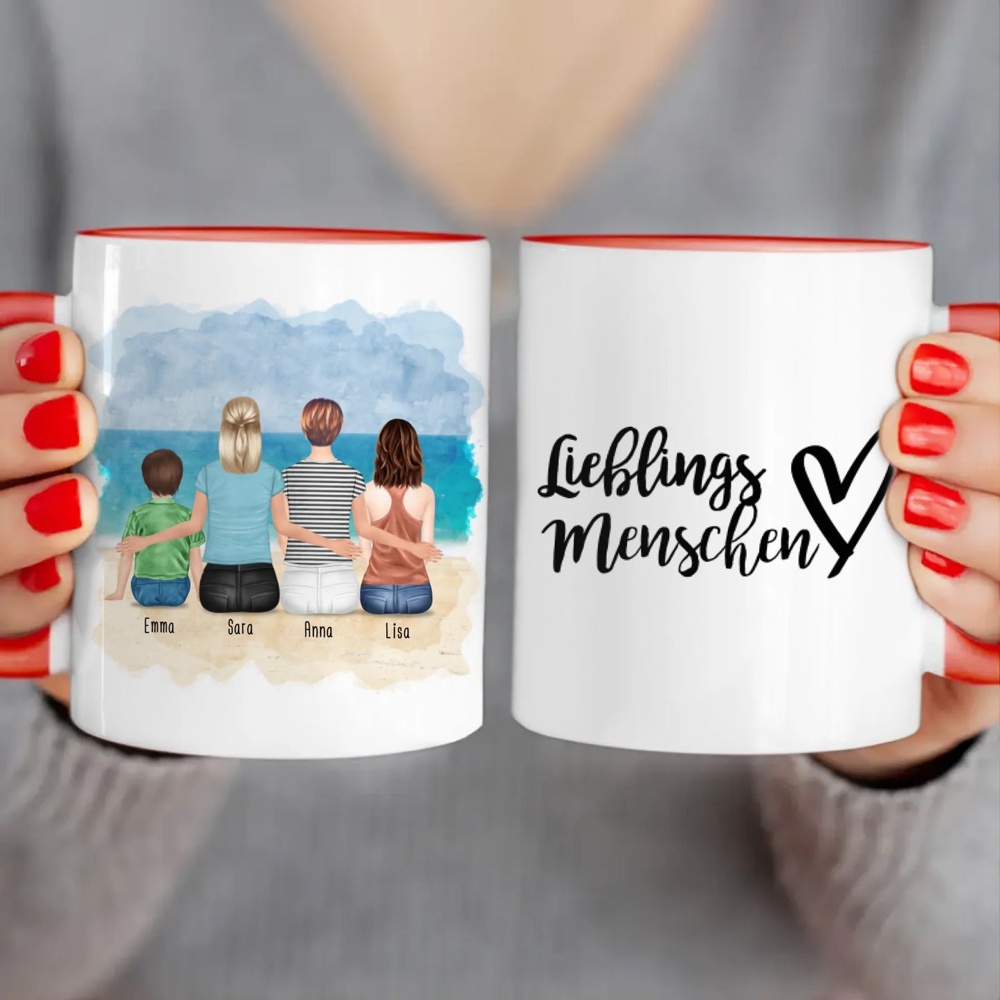 Personalisierte Tasse mit 2 Frauen + 1 Kind + 1 Teenagerin