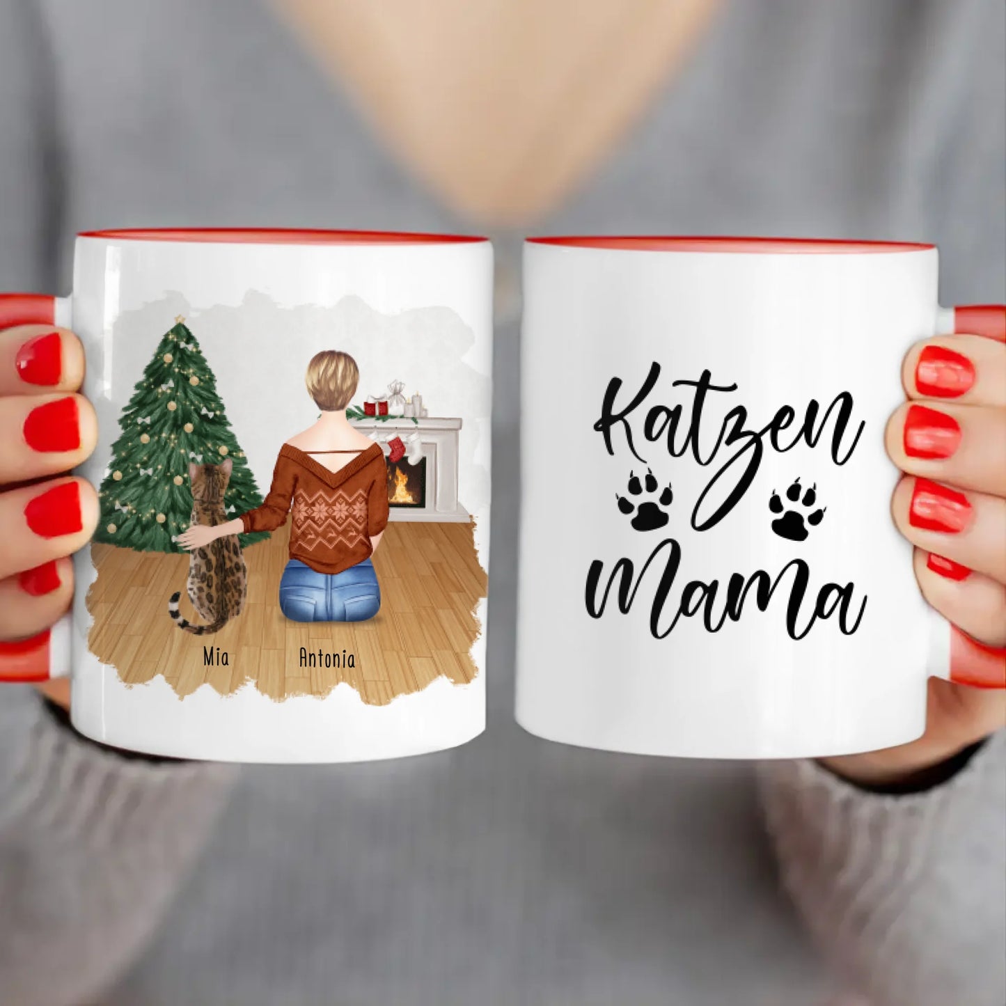 Personalisierte Tasse mit Katze und Frau (1 Katze + 1 Frau) - Weihnachtstasse