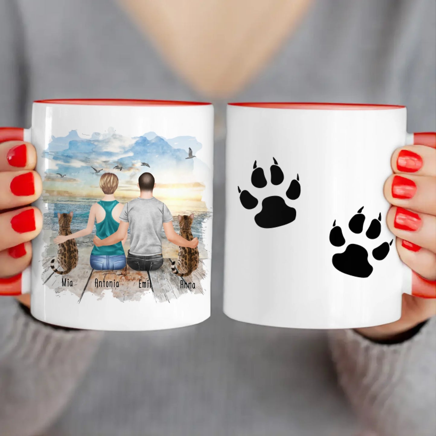 Personalisierte Tasse mit Pärchen und 2 Katzen