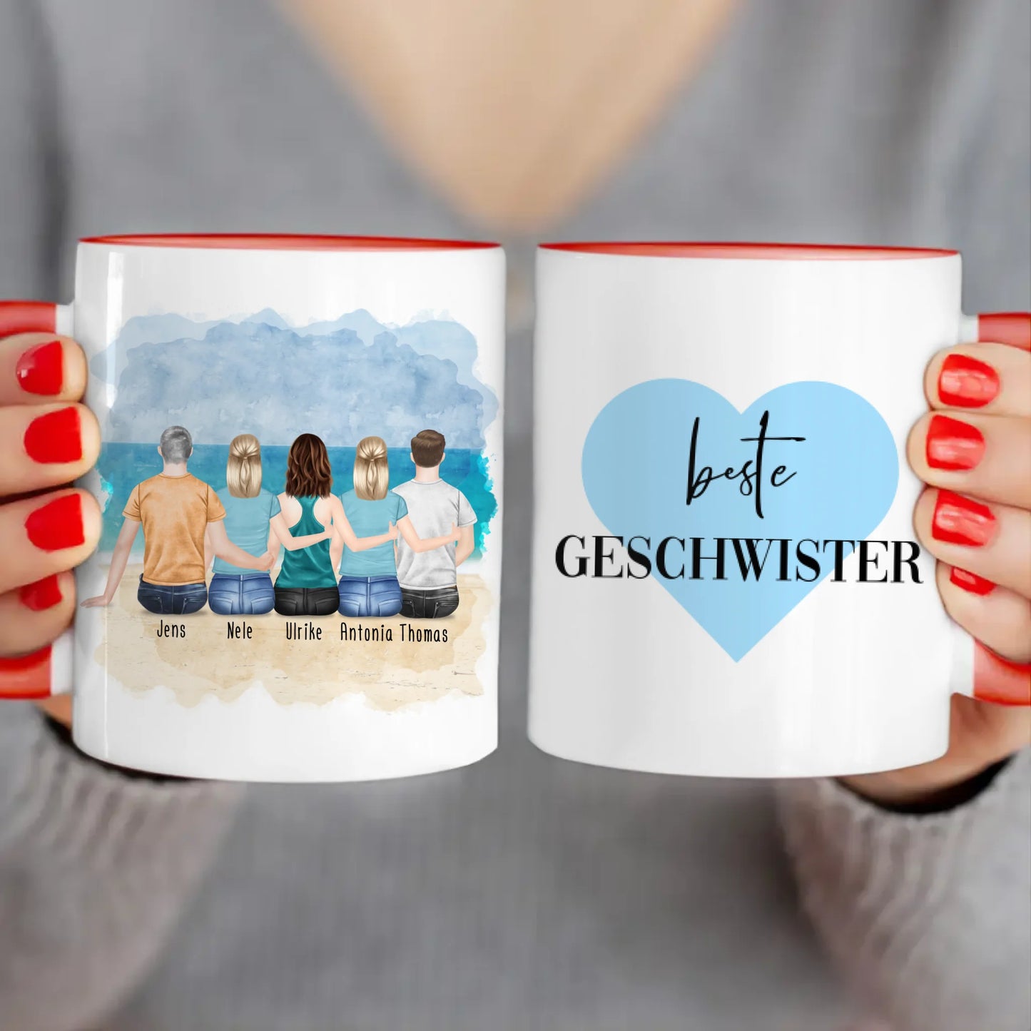 Personalisierte Tasse mit Bruder/Schwester (3 Schwestern + 2 Brüder)