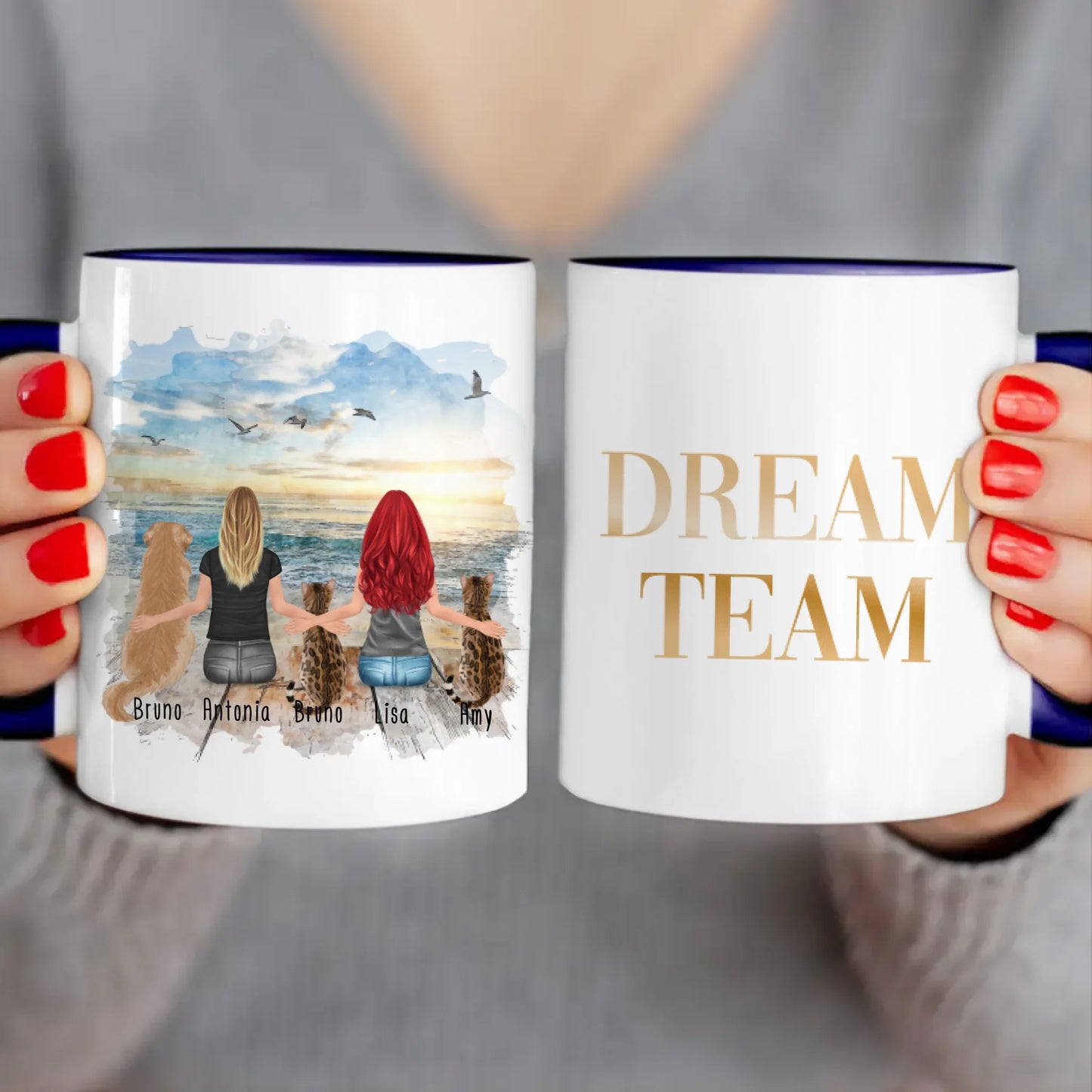 Personalisierte Tasse 2 Frauen + 1 Hund + 2 Katzen