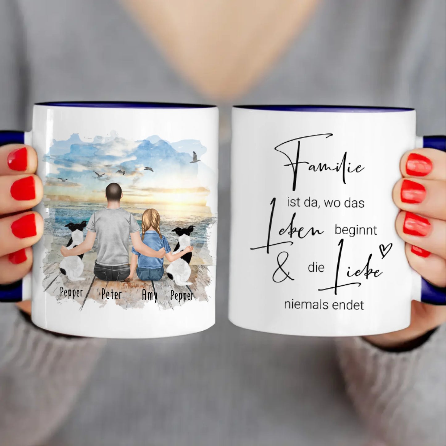 Personalisierte Tasse - 1 Mann + 1 Kind + 2 Hunde