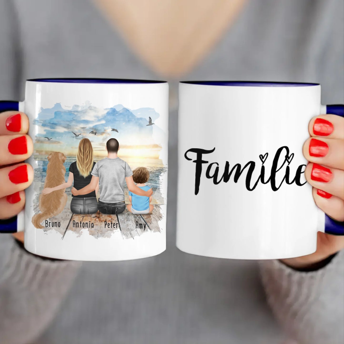 Personalisierte Tasse mit Familie + 1 Hund (1 Baby)