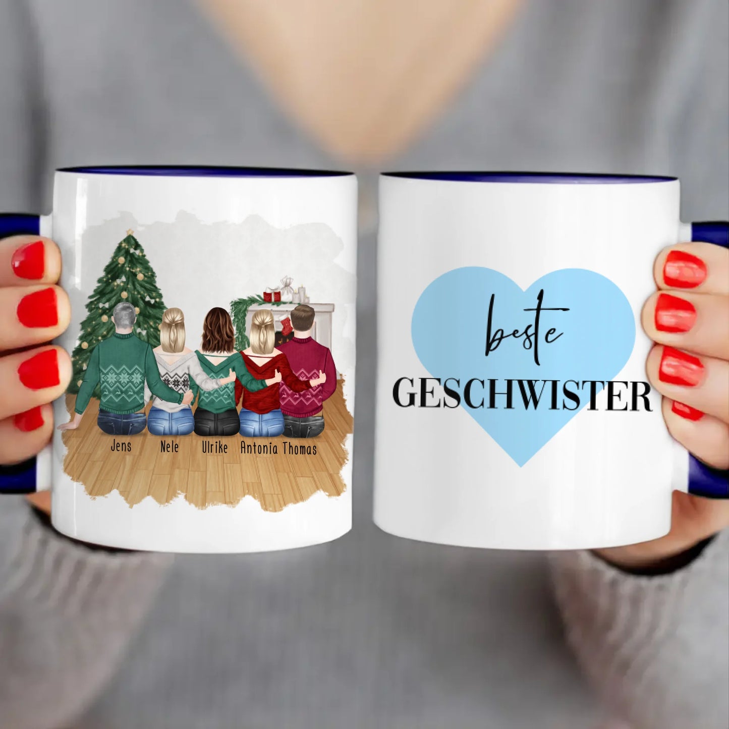 Personalisierte Tasse mit Bruder/Schwester (3 Schwestern + 2 Brüder) - Weihnachtstasse