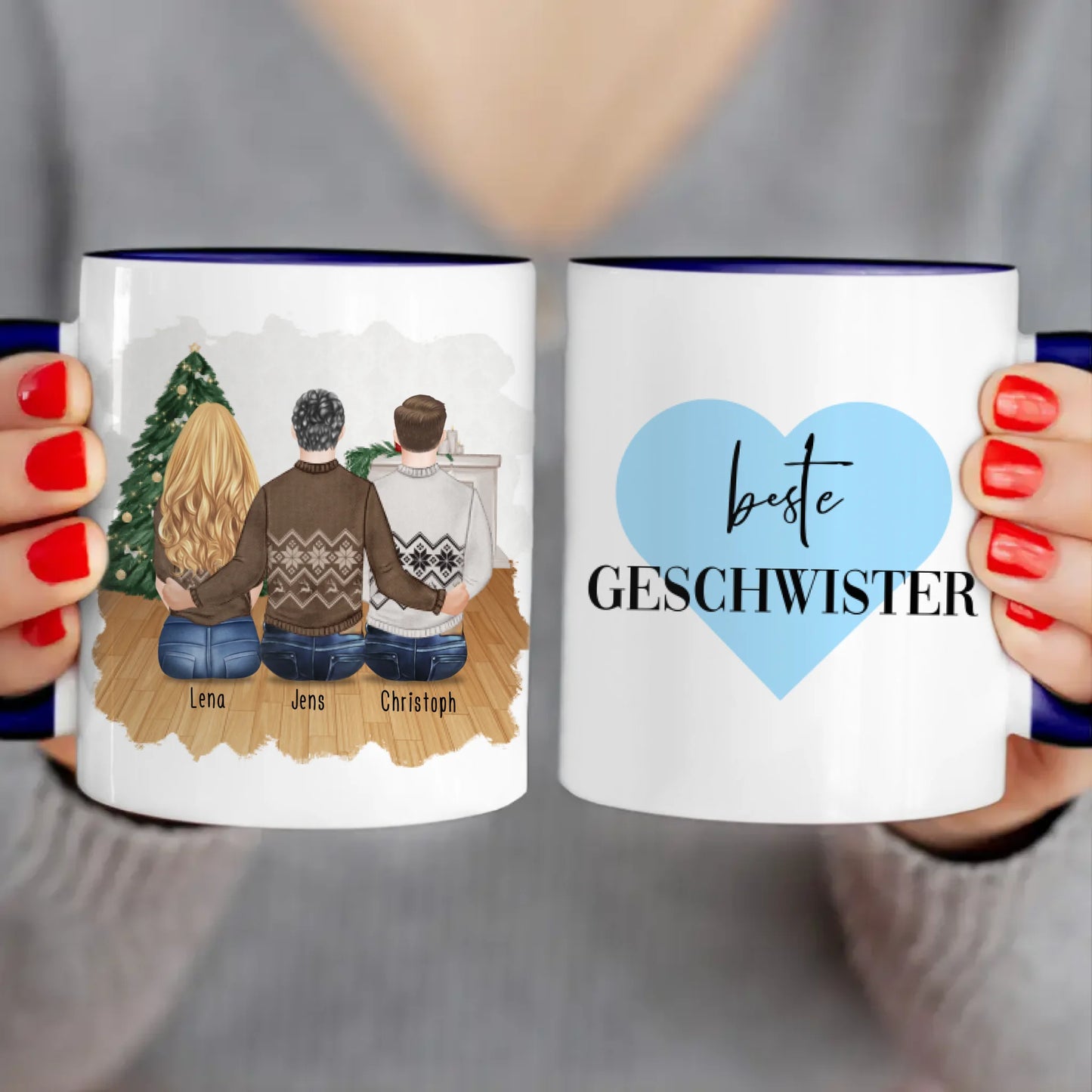 Personalisierte Tasse mit Bruder/Schwester (1 Schwester + 2 Brüder) - Weihnachtstasse