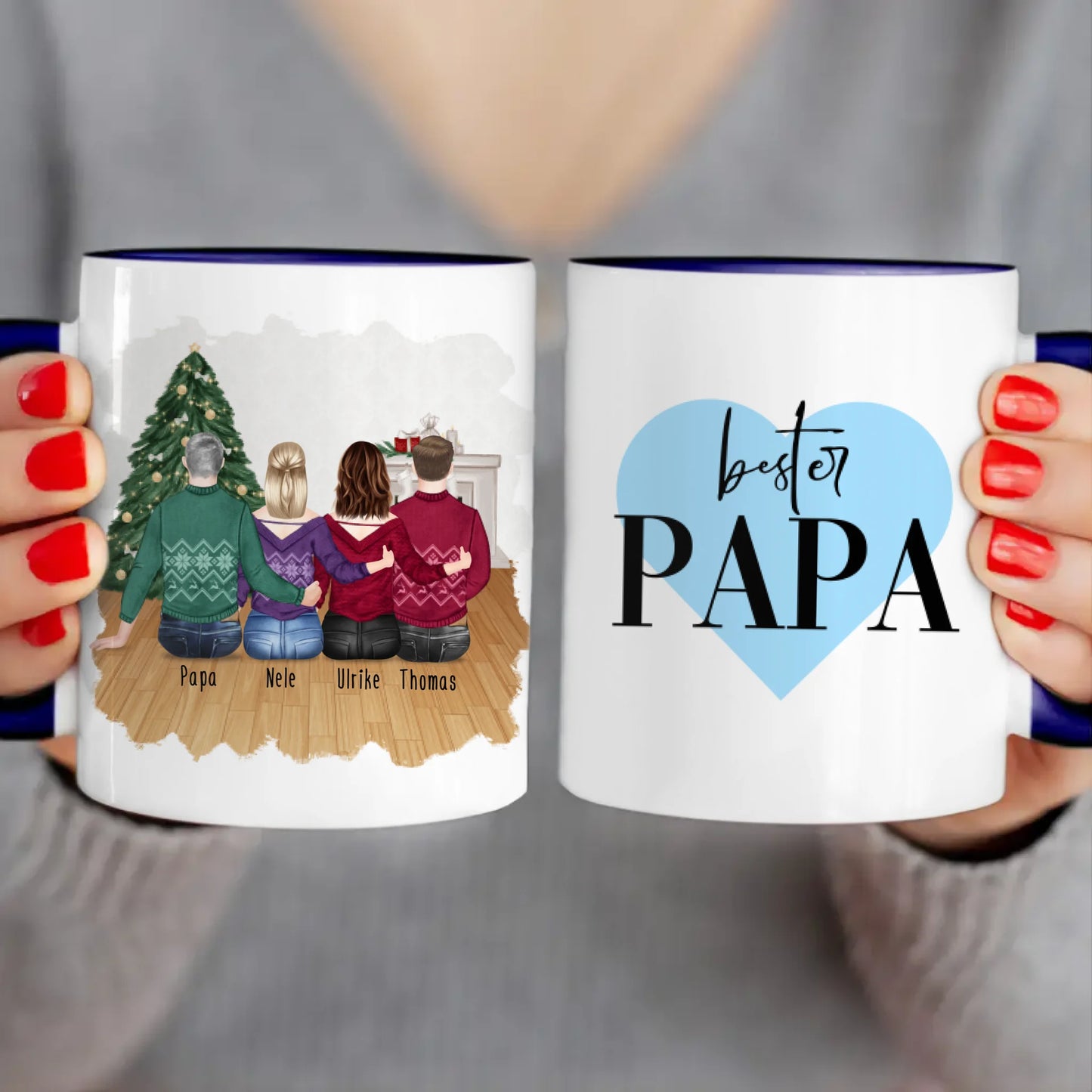 Personalisierte Tasse mit Vater/Tochter/Sohn (2 Töchter + 1 Sohn) - Weihnachtstasse