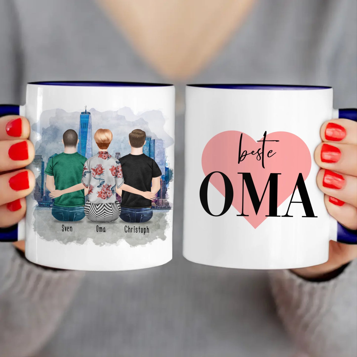 Personalisierte Tasse für Oma (2 Männer + 1 Oma)