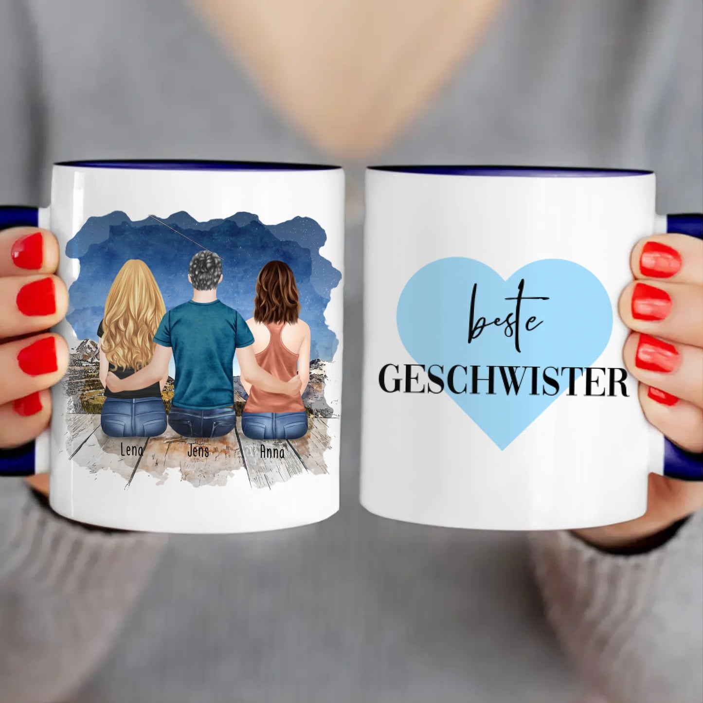 Personalisierte Tasse mit Bruder/Schwester (2 Schwester + 1 Bruder)