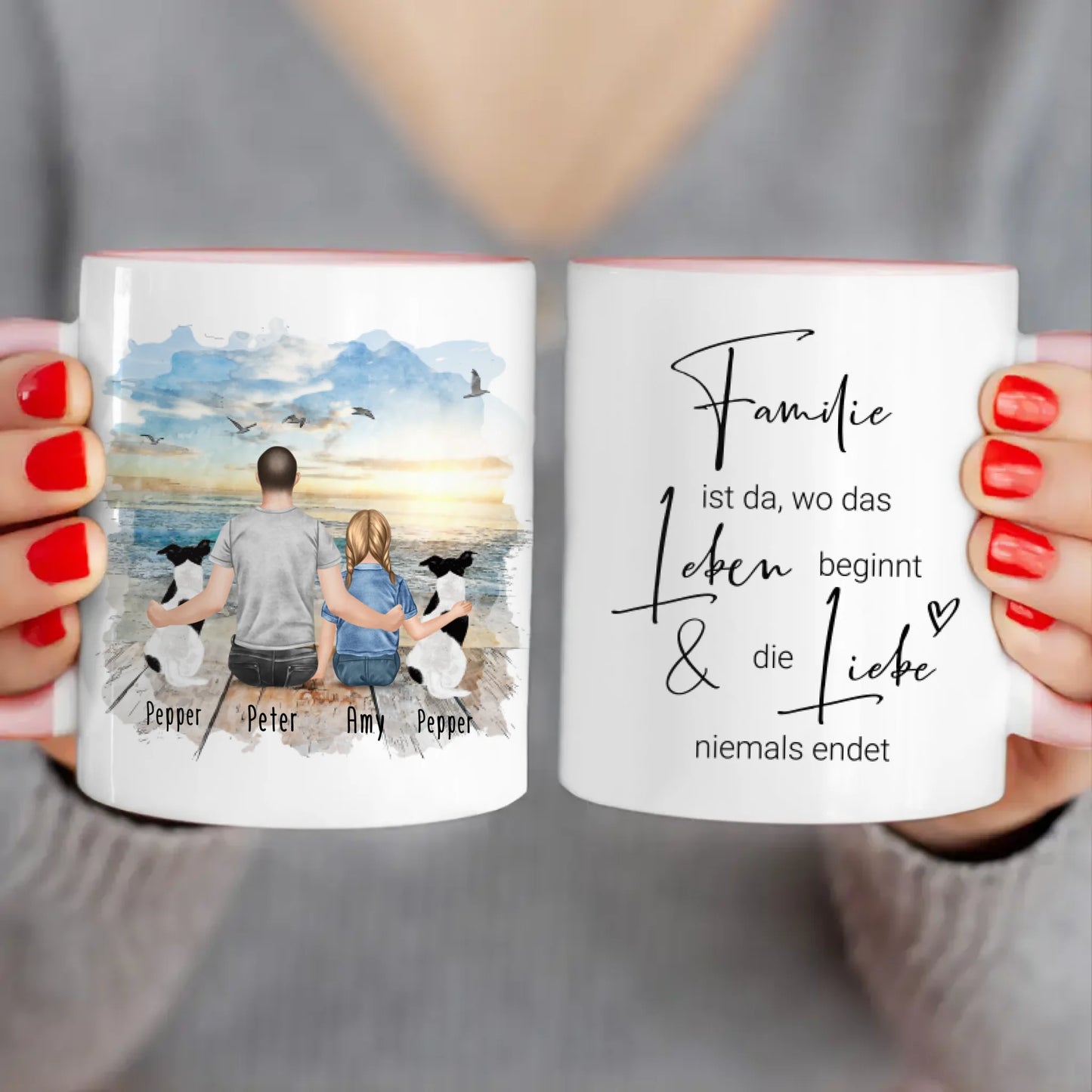 Personalisierte Tasse - 1 Mann + 1 Kind + 2 Hunde