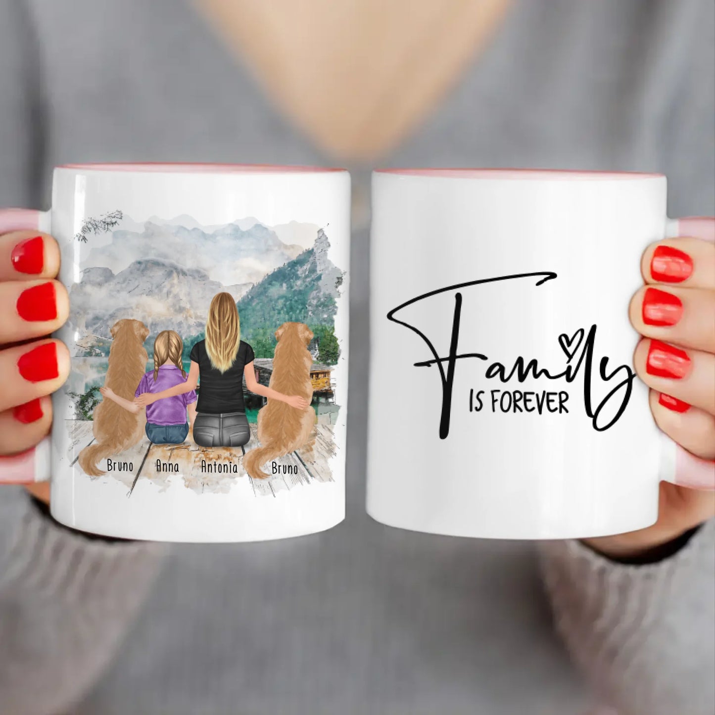 Personalisierte Tasse 1 Frau + 1 Kind + 2 Hunde