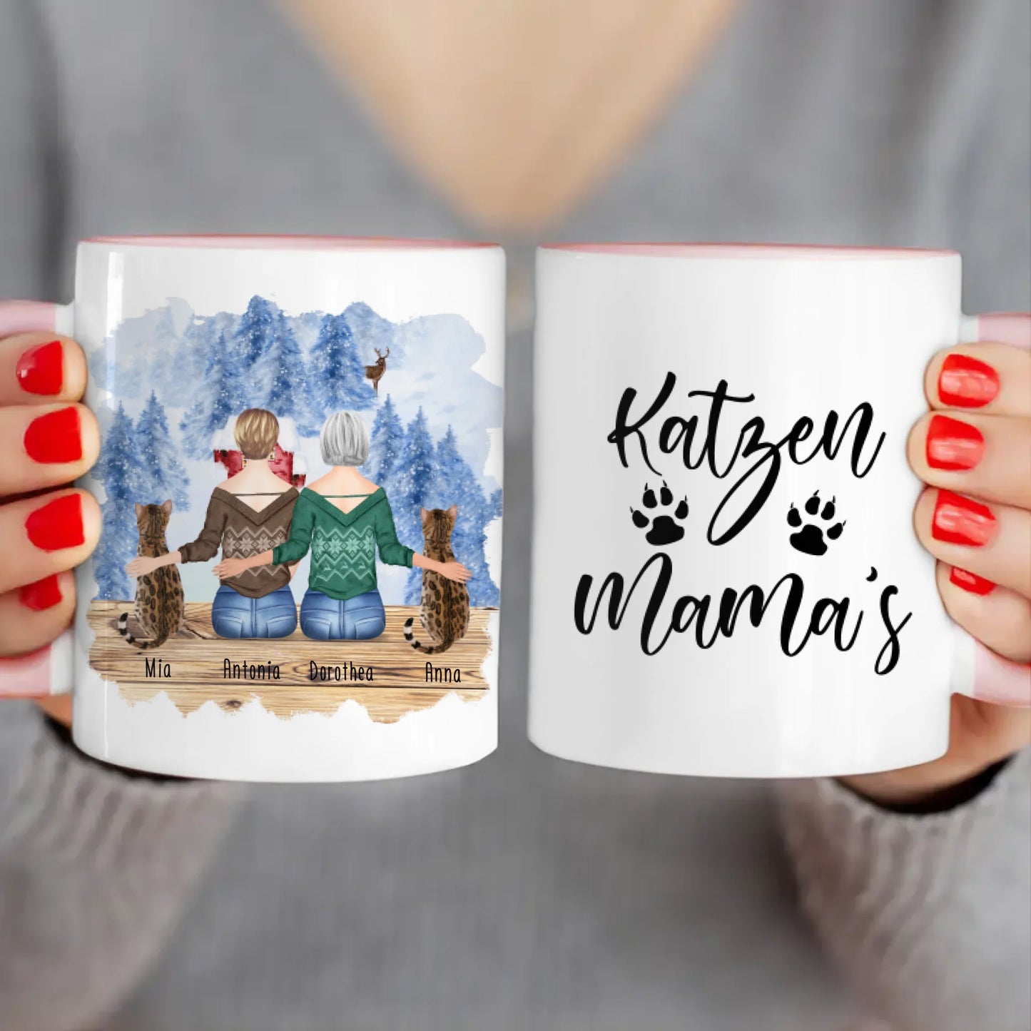 Personalisierte Tasse mit Katzen und Frauen (2 Katzen + 2 Frauen) - Weihnachtstasse