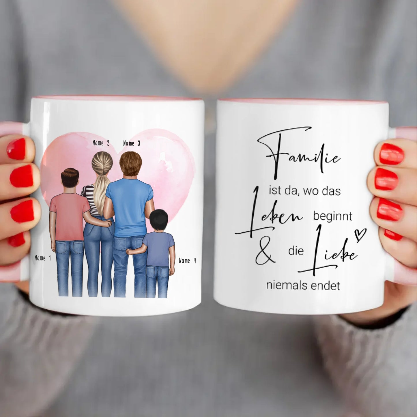 Personalisierte Tasse - Familie + 2 Babys/Kinder/Teenager stehend