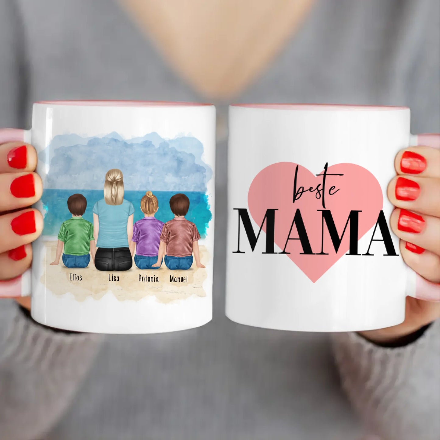 Personalisierte Tasse mit Mutter + 3 Kinder