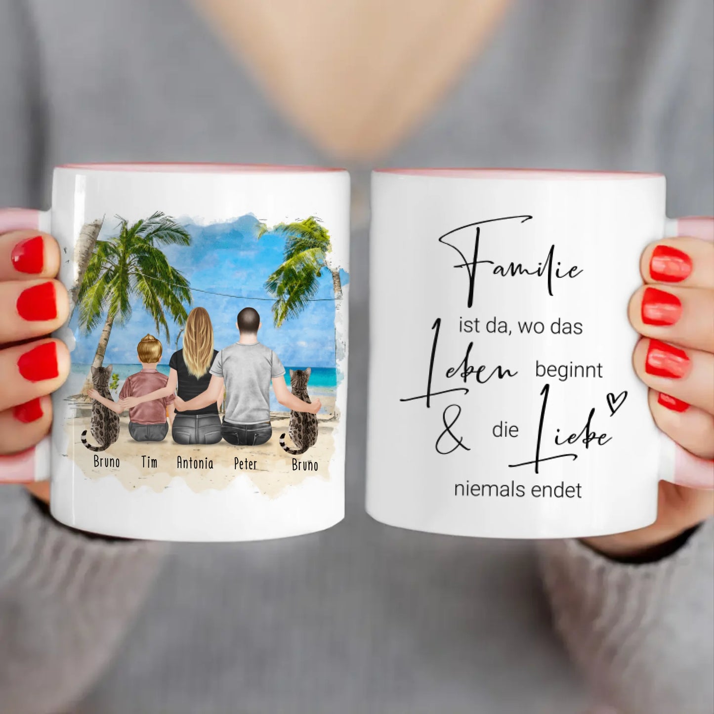 Personalisierte Tasse mit Familie + 2 Katzen (1 Kind)