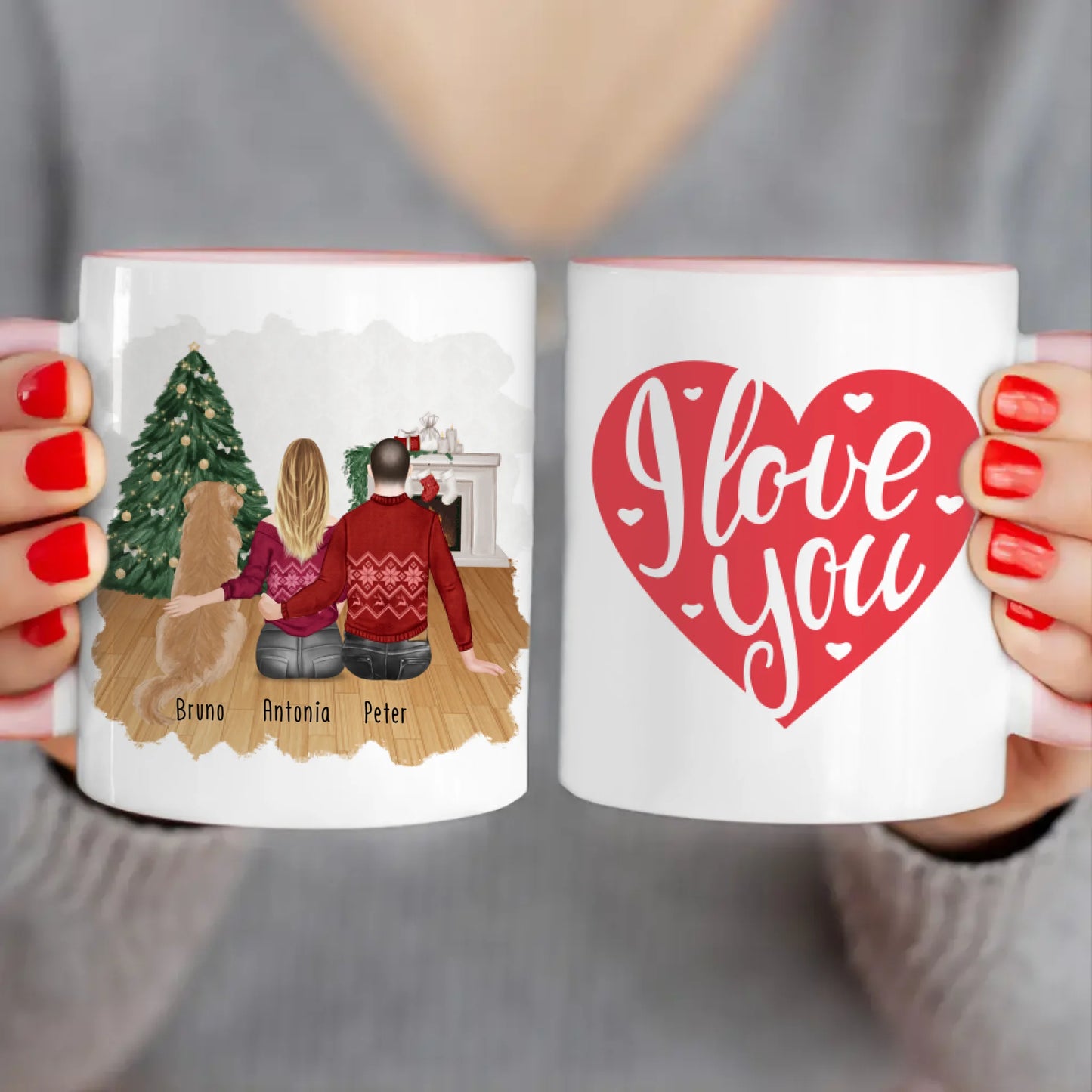 Personalisierte Tasse mit Pärchen und 1 Hund - Weihnachtstasse