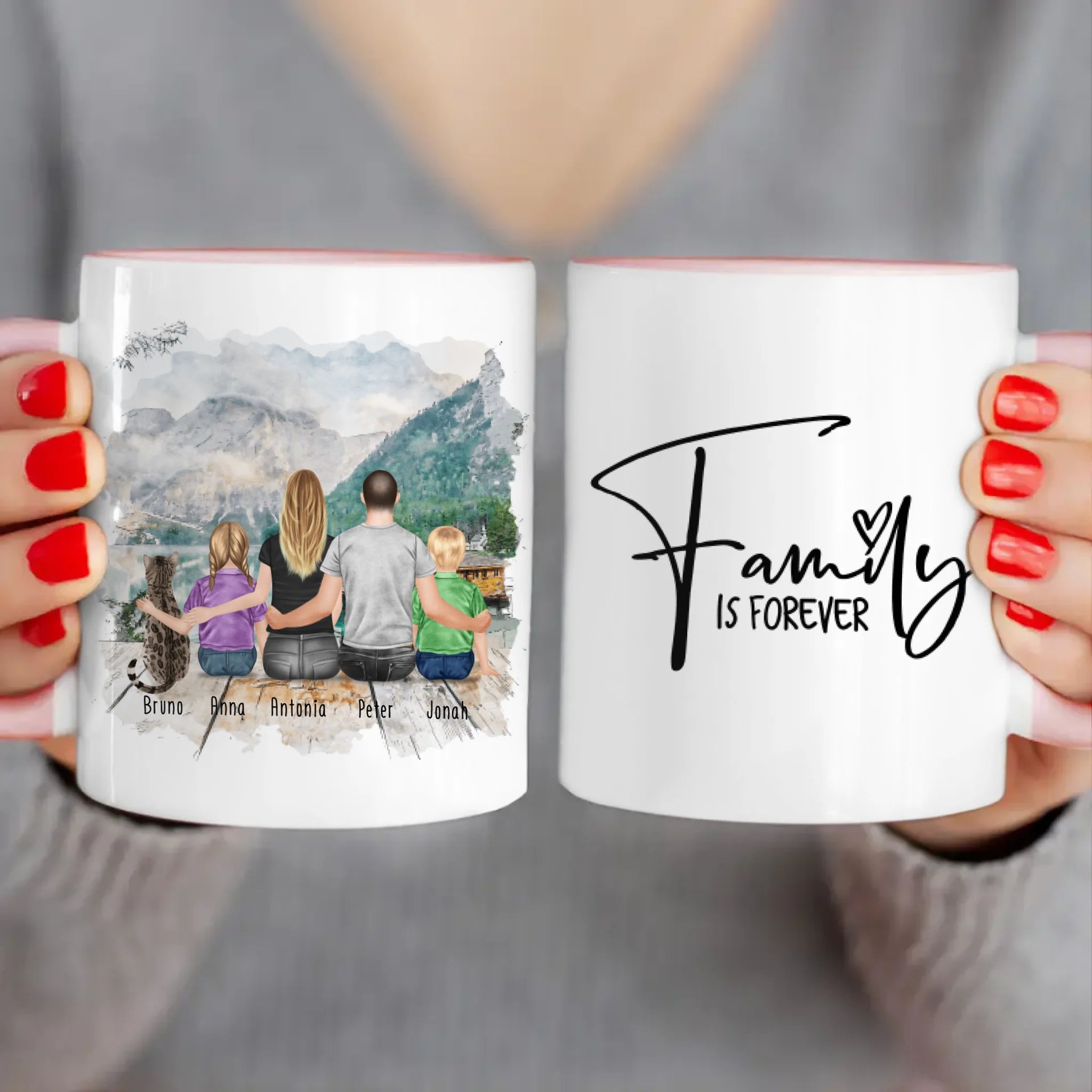 Personalisierte Tasse mit Familie + 1 Katze (2 Kinder)