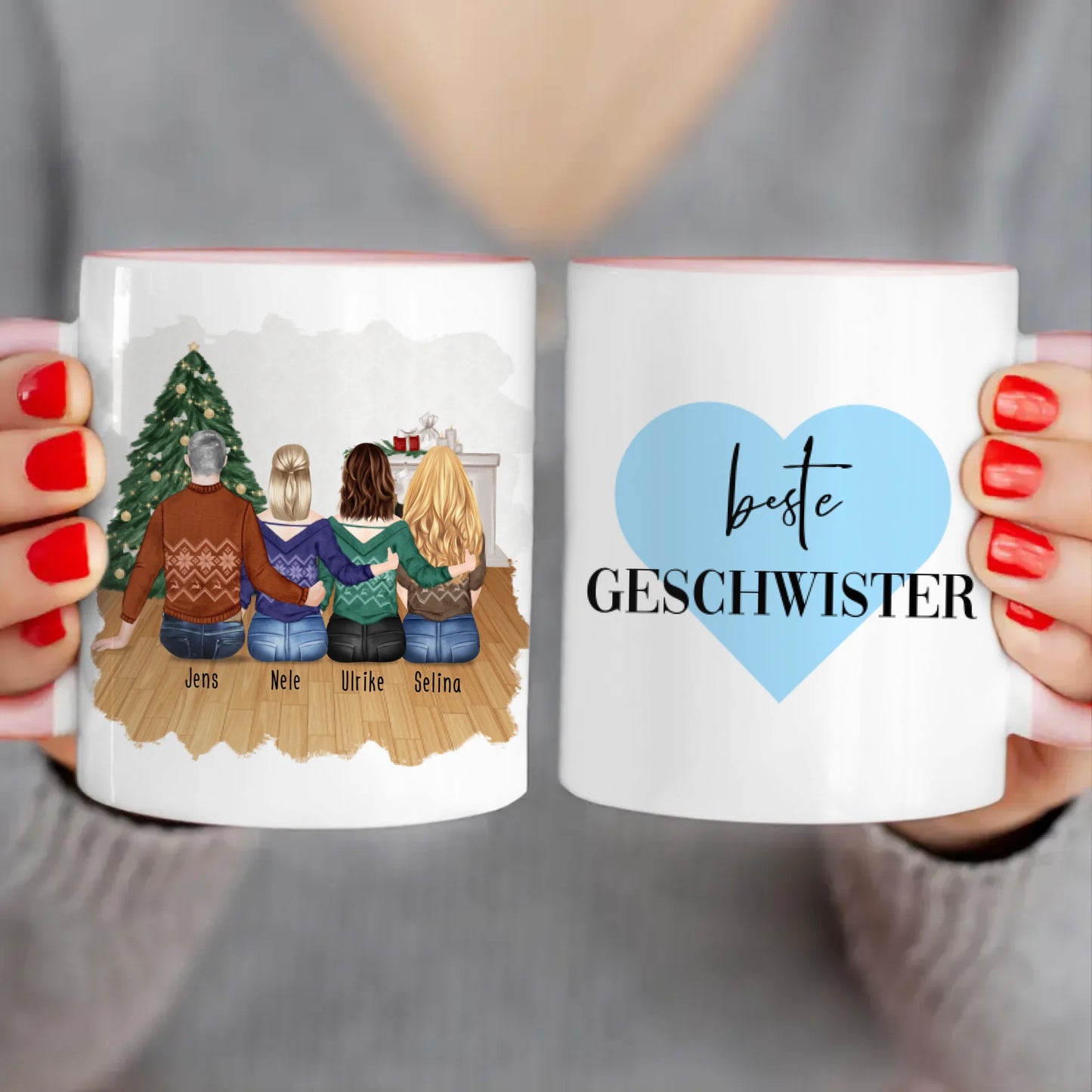 Personalisierte Tasse mit Bruder/Schwester (3 Schwestern + 1 Bruder) - Weihnachtstasse