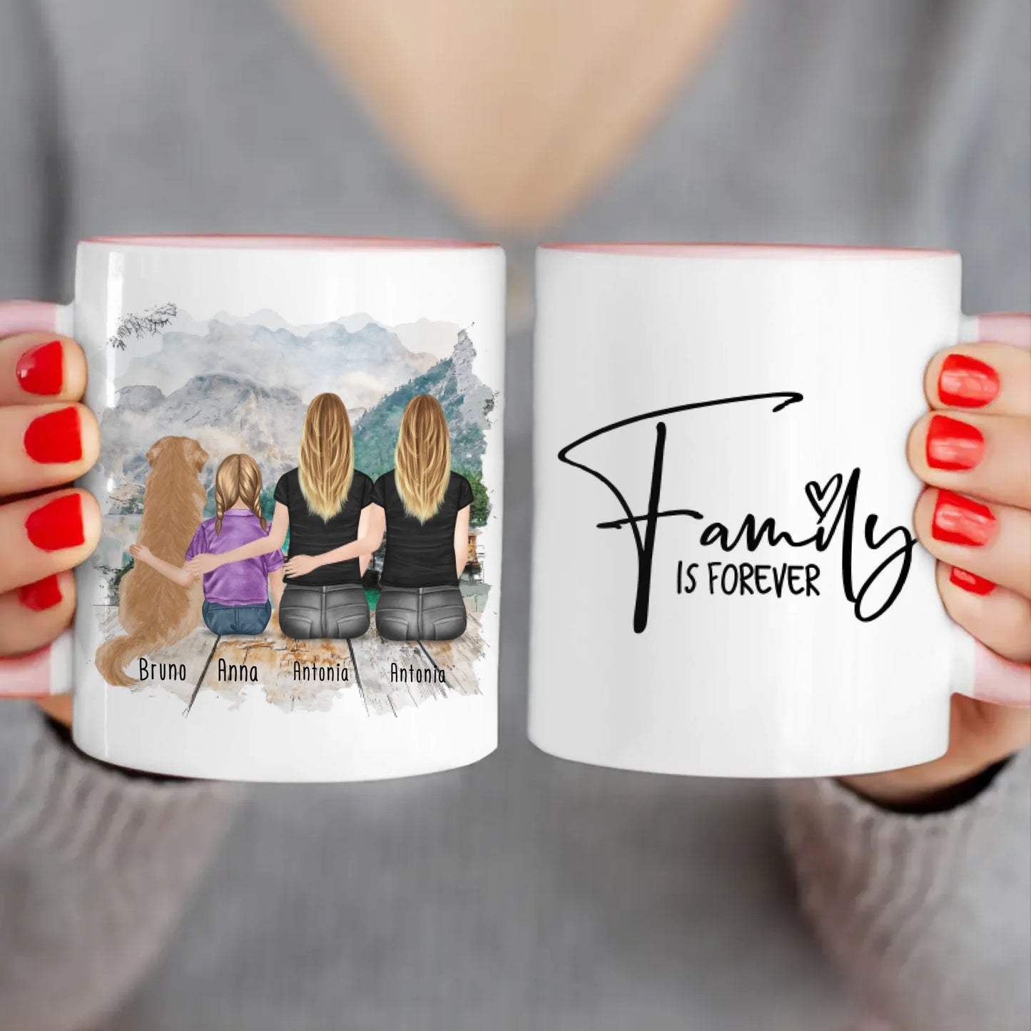 Personalisierte Tasse mit 2 Frauen + 1 Kind + 1 Hund