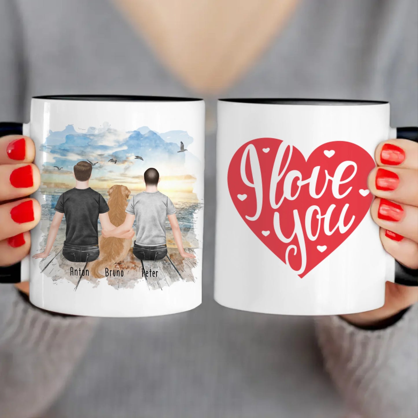 Personalisierte Tasse - 2 Männer + 1 Hund (Hund in der Mitte)