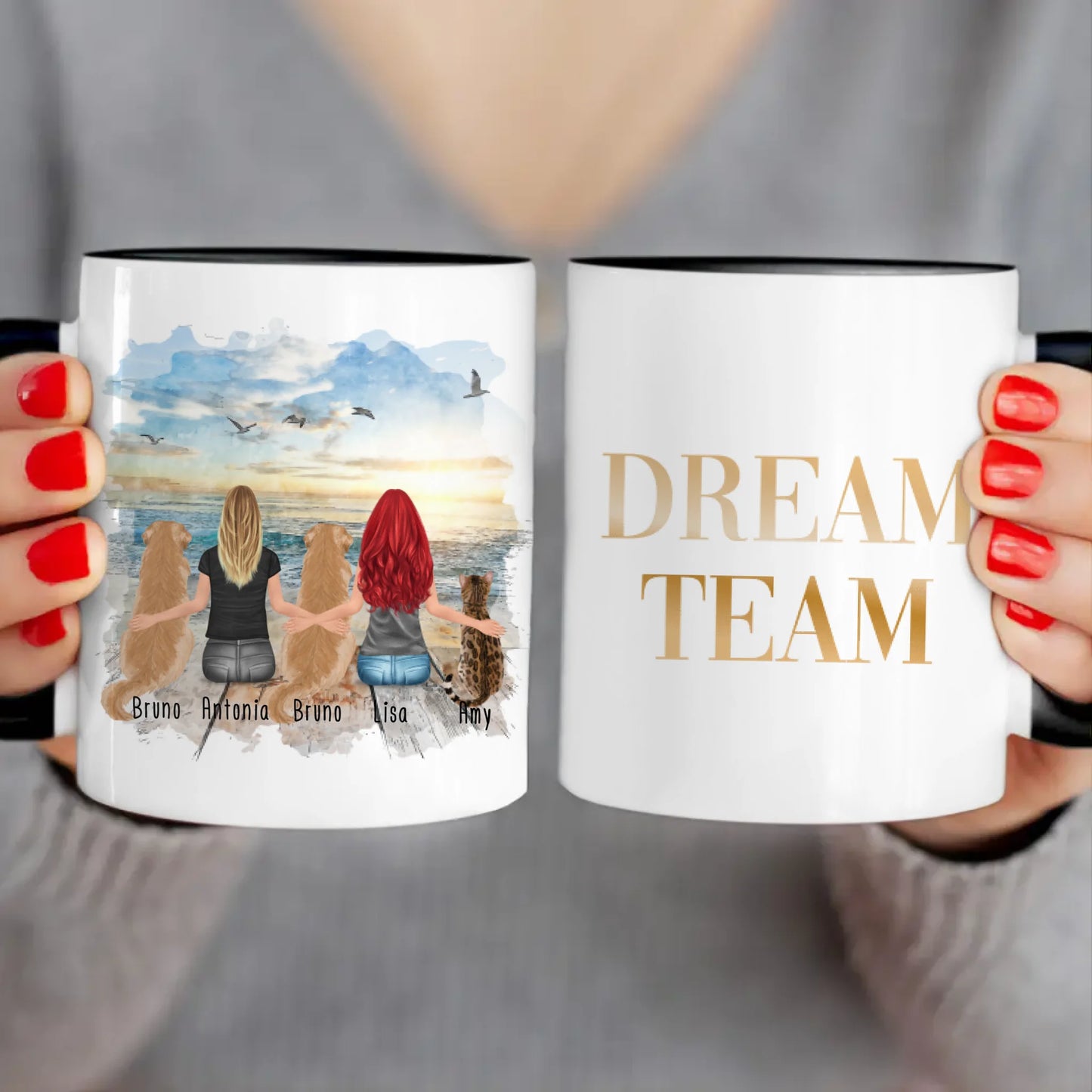 Personalisierte Tasse 2 Frauen + 2 Hunde + 1 Katze