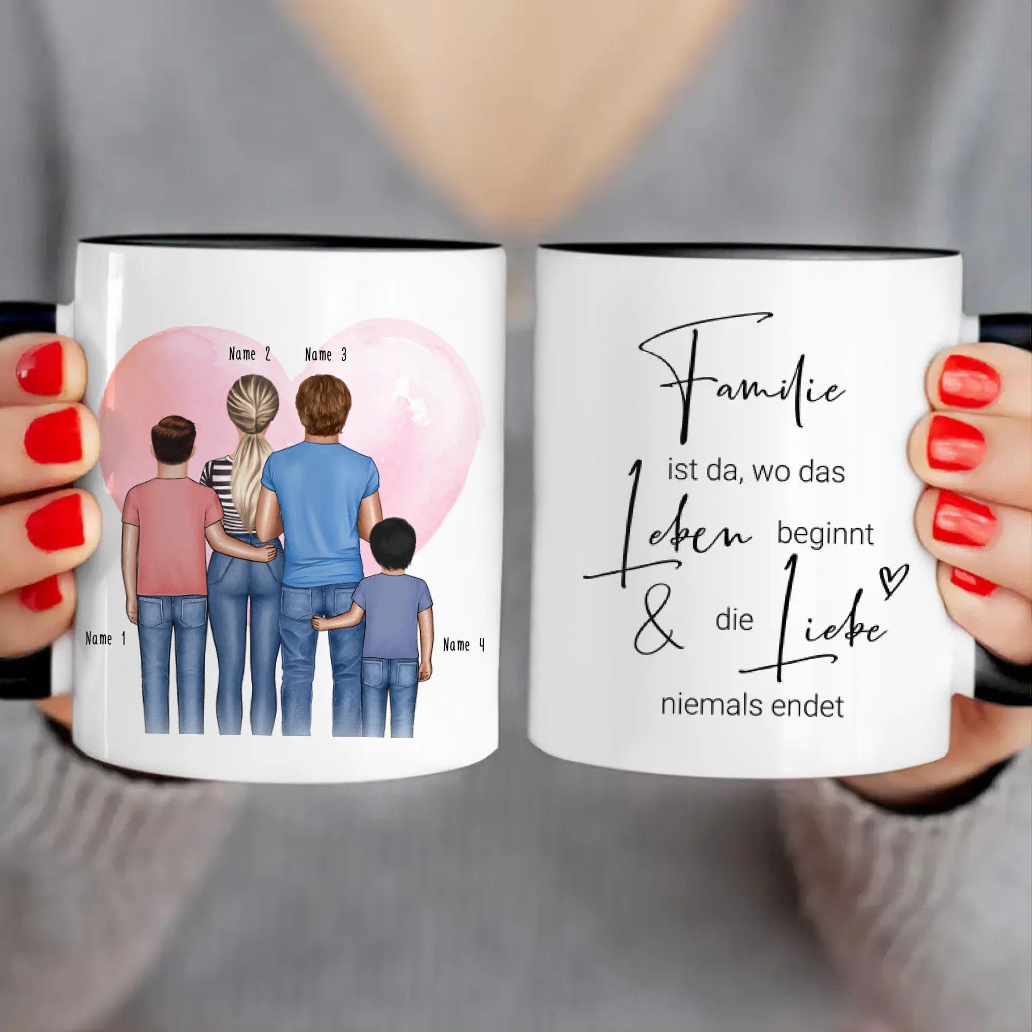 Personalisierte Tasse - Familie + 2 Babys/Kinder/Teenager stehend