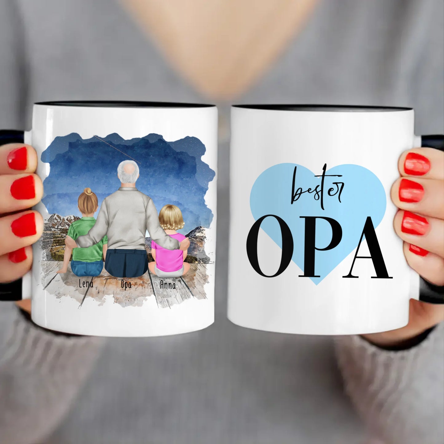 Personalisierte Tasse für Opa (1 Baby + 1 Kind + 1 Opa)