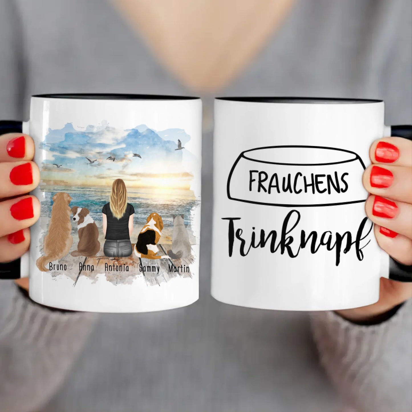 Personalisierte Tasse - 1 Frau/Mann + 1-5 Hunde/Katzen