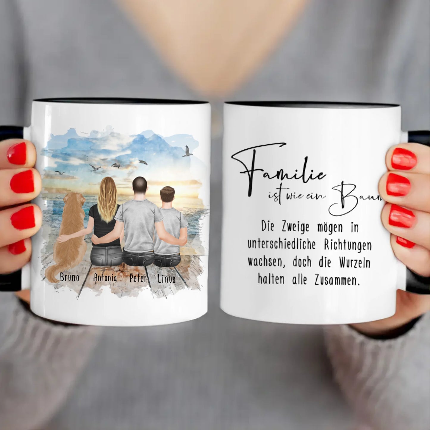 Personalisierte Tasse mit Familie + 1 Hund (1 Teenager)