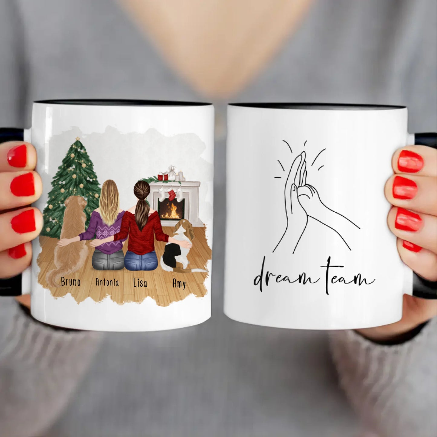 Personalisierte Tasse mit Hunden und Frauen (2 Hunde + 2 Frauen) - Weihnachtstasse