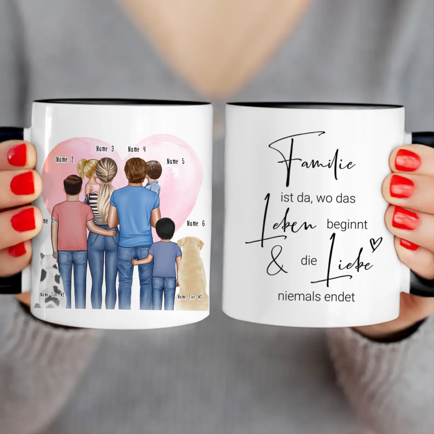 Personalisierte Tasse - Familie + 1-4 Kinder + 1-2 Hunde/Katzen