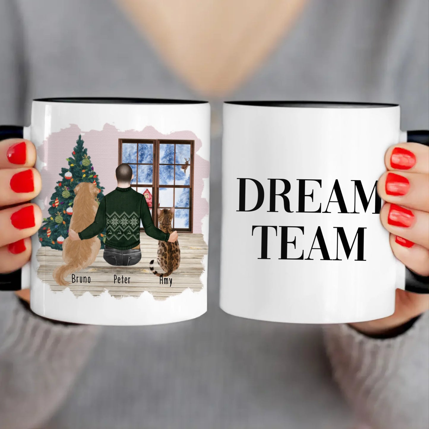 Personalisierte Tasse mit Hund, Katze und Mann (1 Hund + 1 Katze + 1 Mann) - Weihnachtstasse