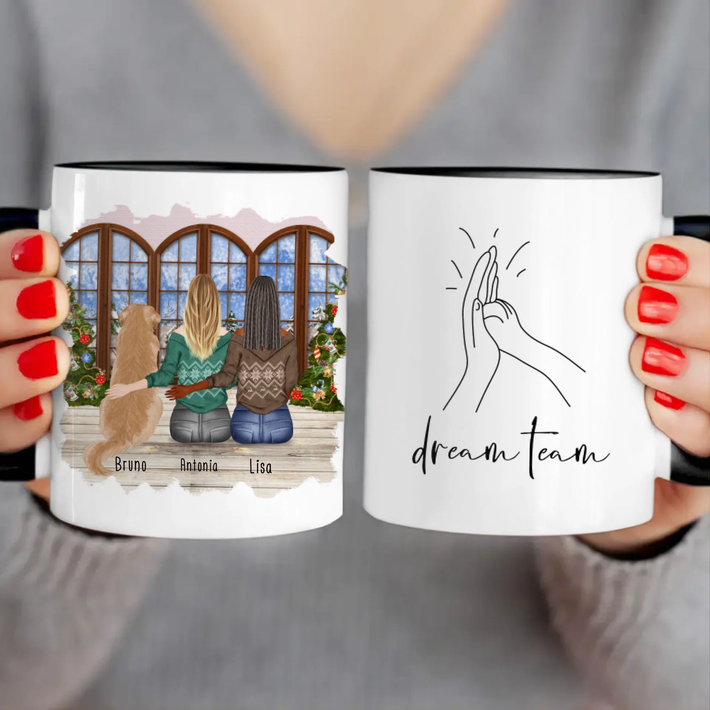 Personalisierte Tasse mit Hund und Frauen (1 Hund + 2 Frauen) - Weihnachtstasse