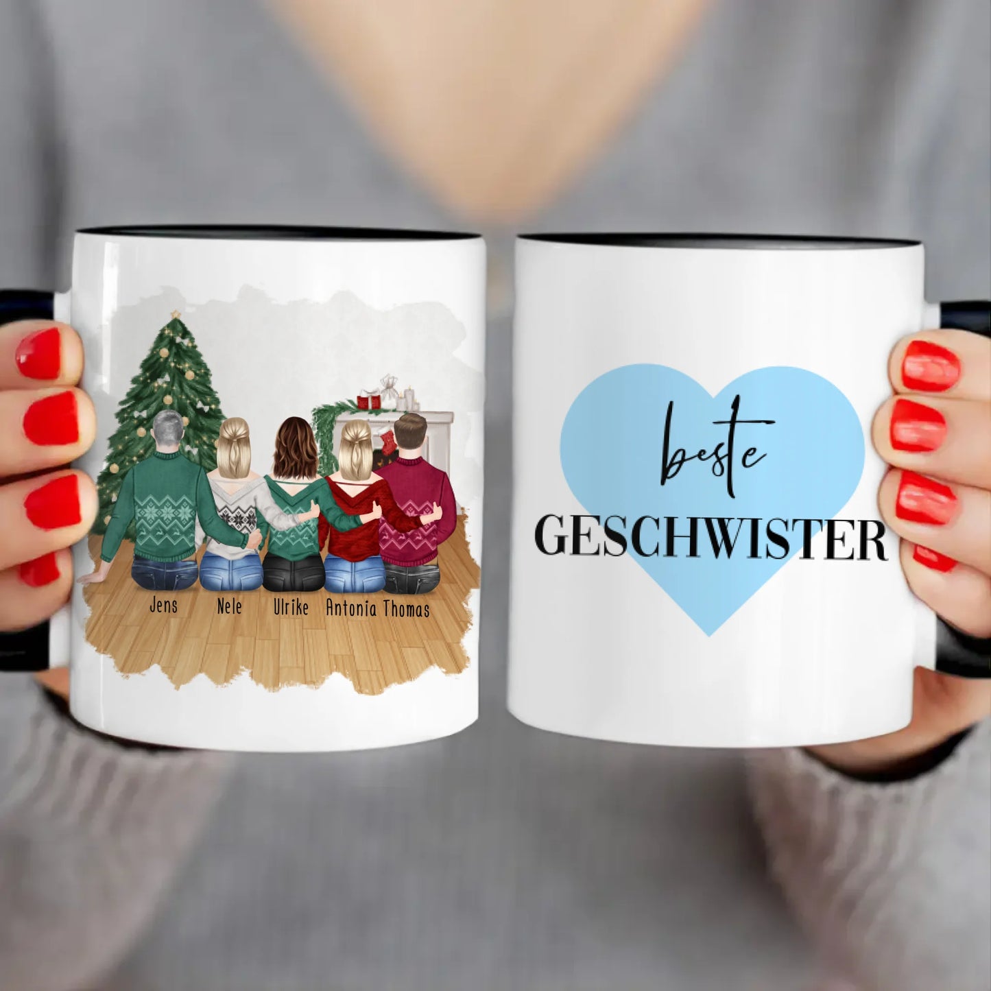 Personalisierte Tasse mit Bruder/Schwester (3 Schwestern + 2 Brüder) - Weihnachtstasse