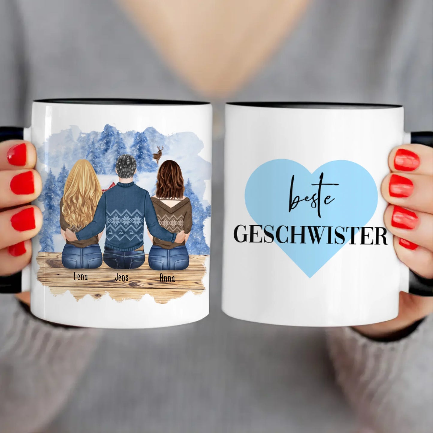 Personalisierte Tasse mit Bruder/Schwester (2 Schwester + 1 Bruder) - Weihnachtstasse