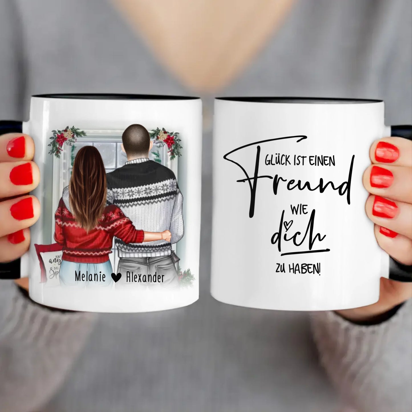 Personalisierte Tasse mit Paar in Weihnachtspullovern (stehend) - Pärchen Tasse - Weihnachtstasse