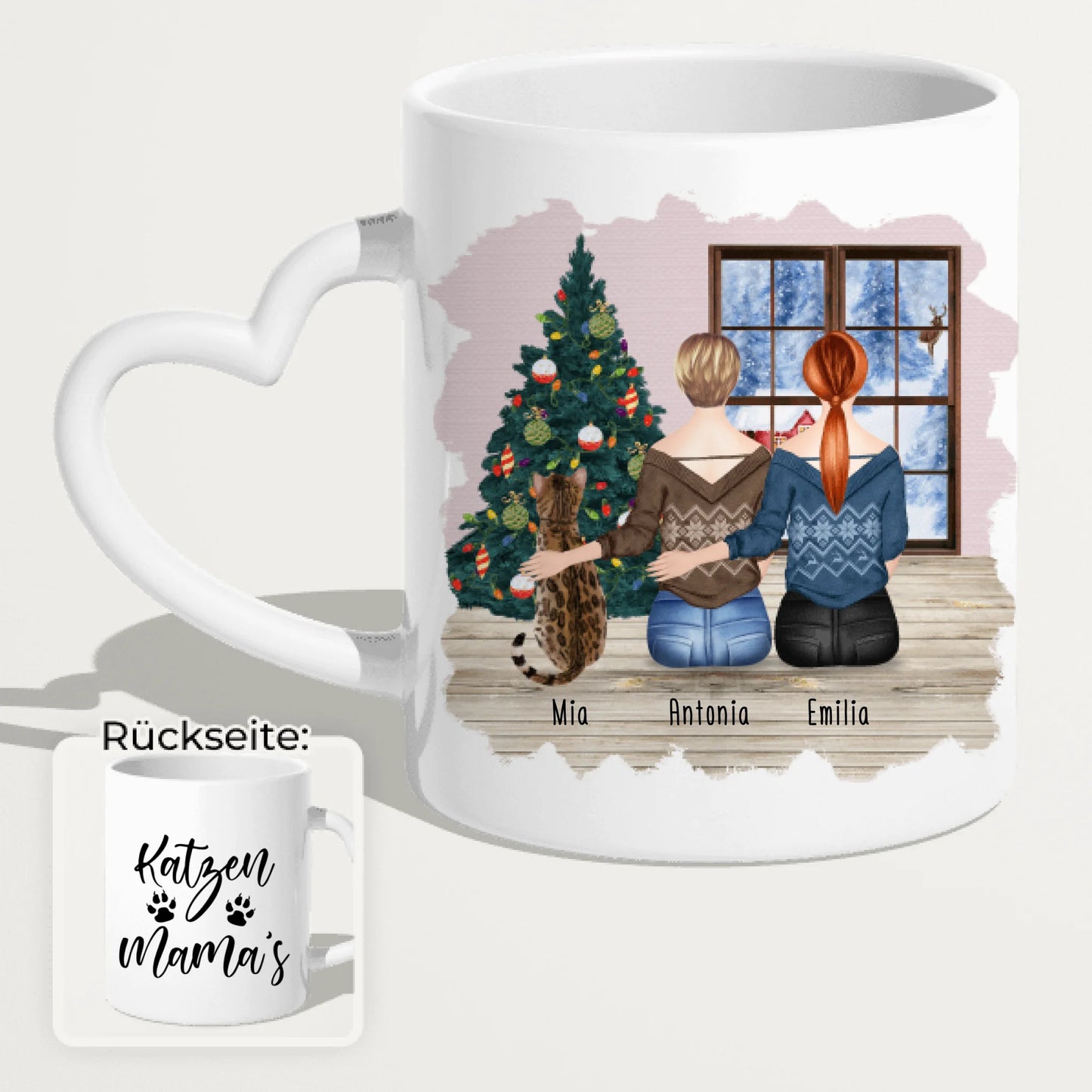 Personalisierte Tasse mit Katze und Frauen (1 Katze + 2 Frauen) - Weihnachtstasse