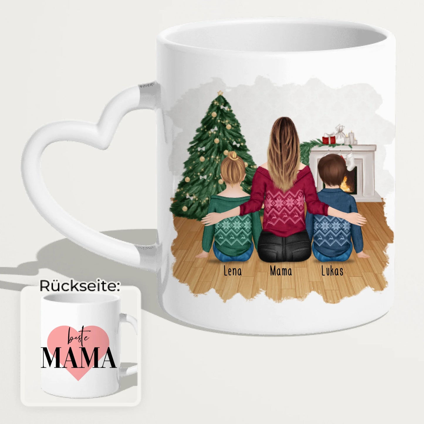 Personalisierte Tasse mit Mutter und Kindern (2 Kinder + 1 Mutter) - Weihnachtstasse