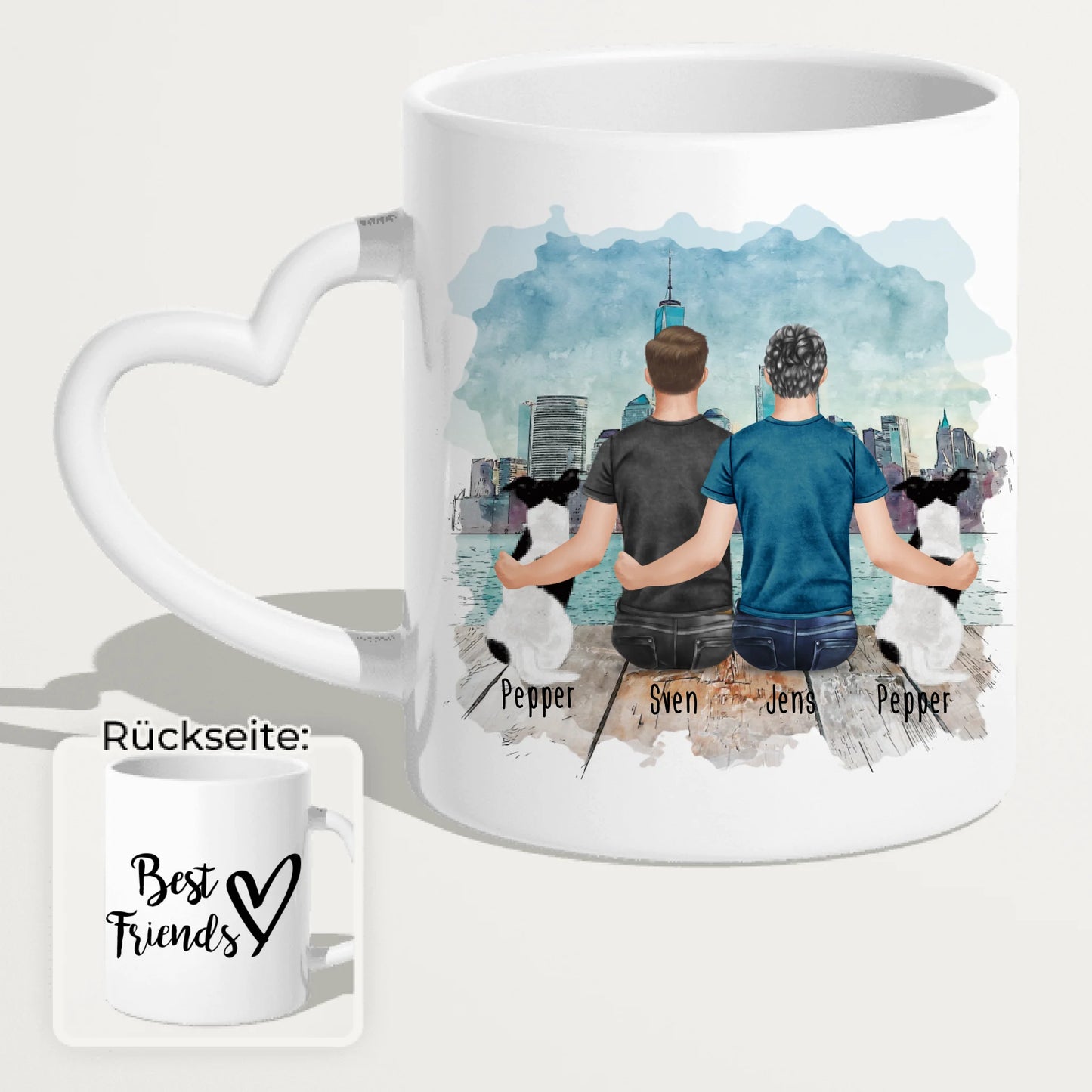 Personalisierte Tasse - 2 Männer + 2 Hunde