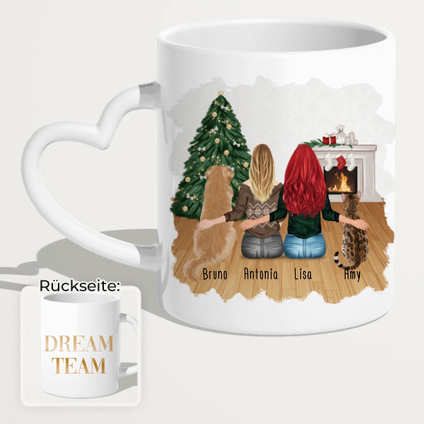 Personalisierte Tasse mit Hund, Katze und Frauen (1 Hund + 1 Katze + 2 Frauen) - Weihnachtstasse