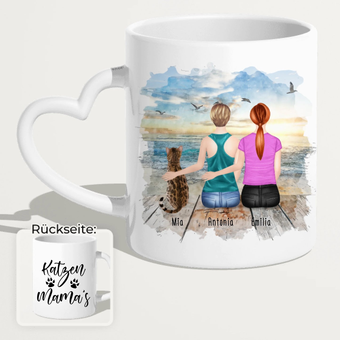 Personalisierte Tasse mit Katze und Frauen (1 Katze + 2 Frauen)