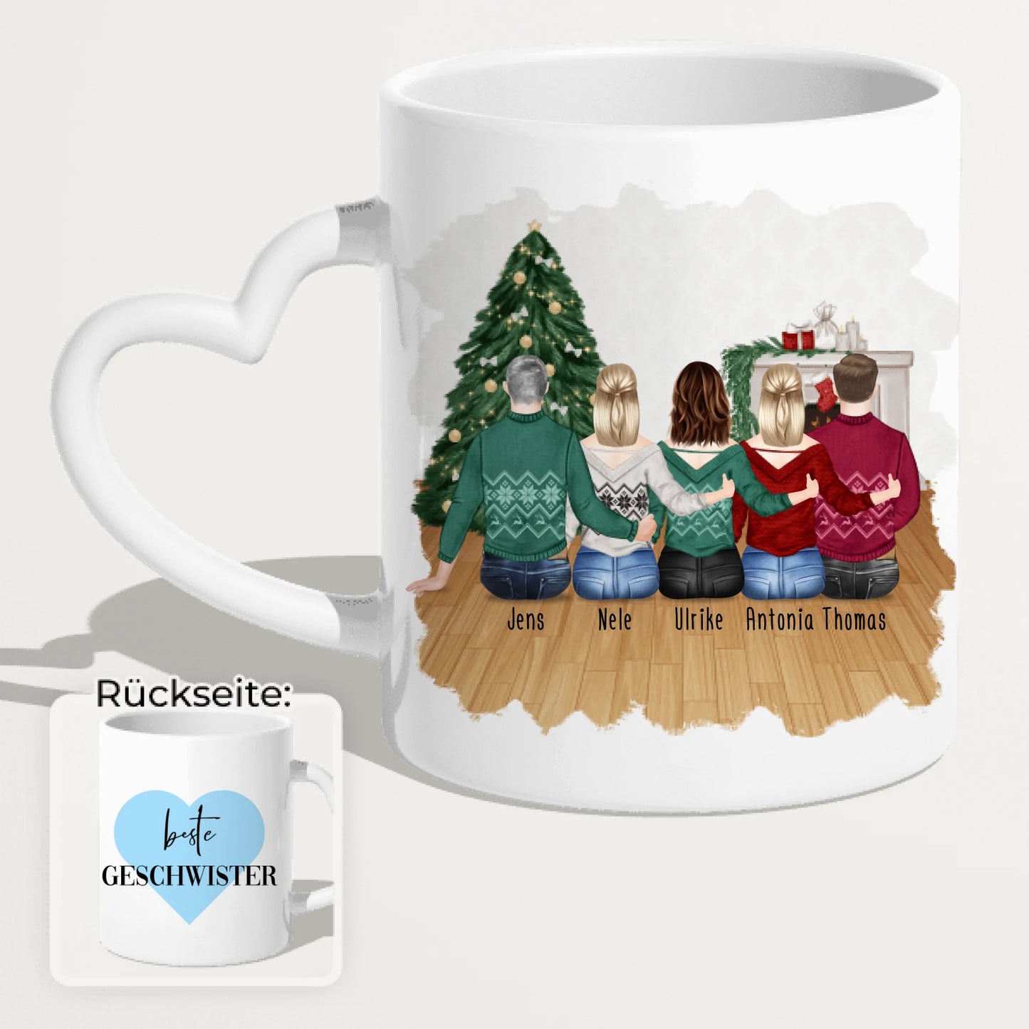 Personalisierte Tasse mit Bruder/Schwester (3 Schwestern + 2 Brüder) - Weihnachtstasse