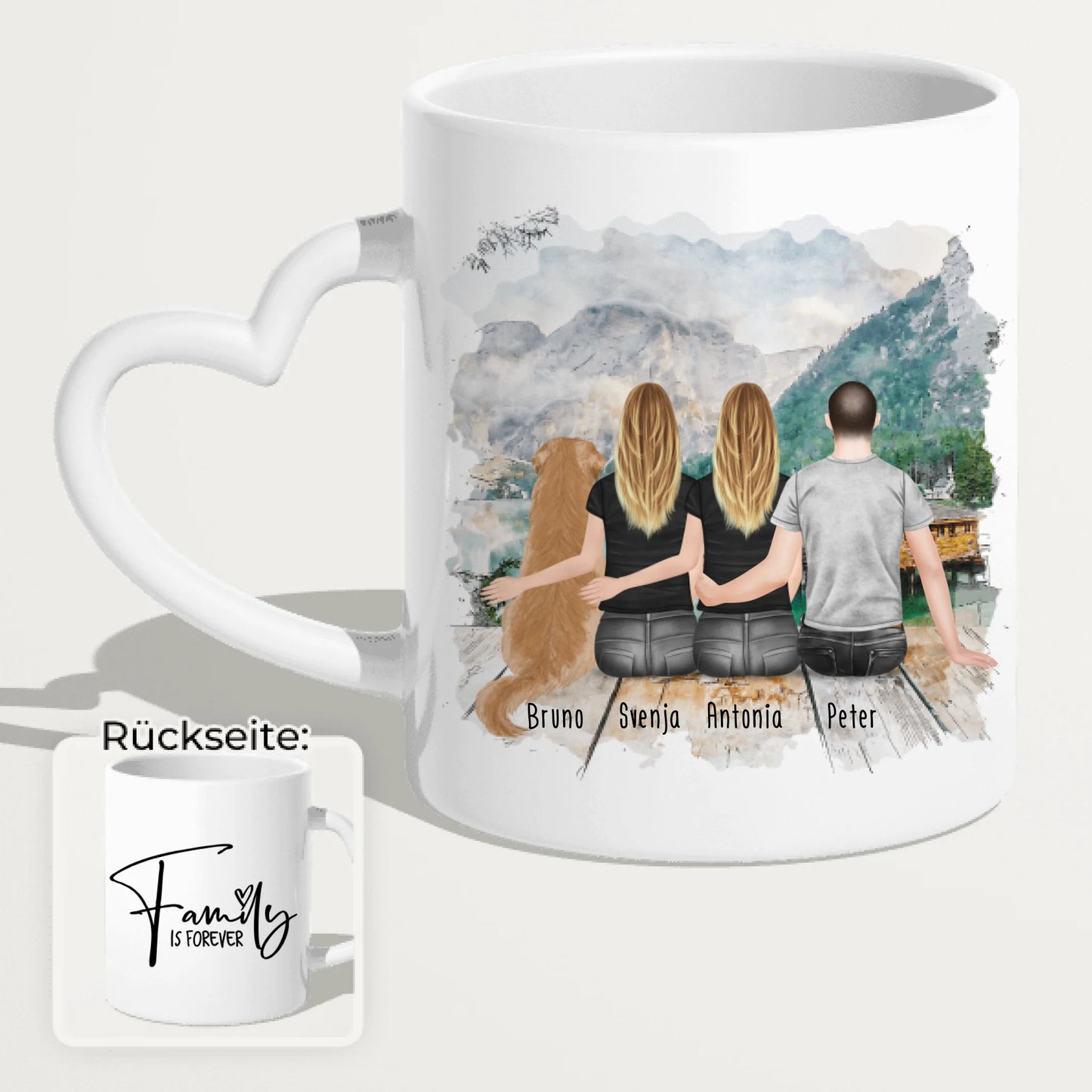 Personalisierte Tasse -  2 Frauen + 1 Mann + 1 Hund