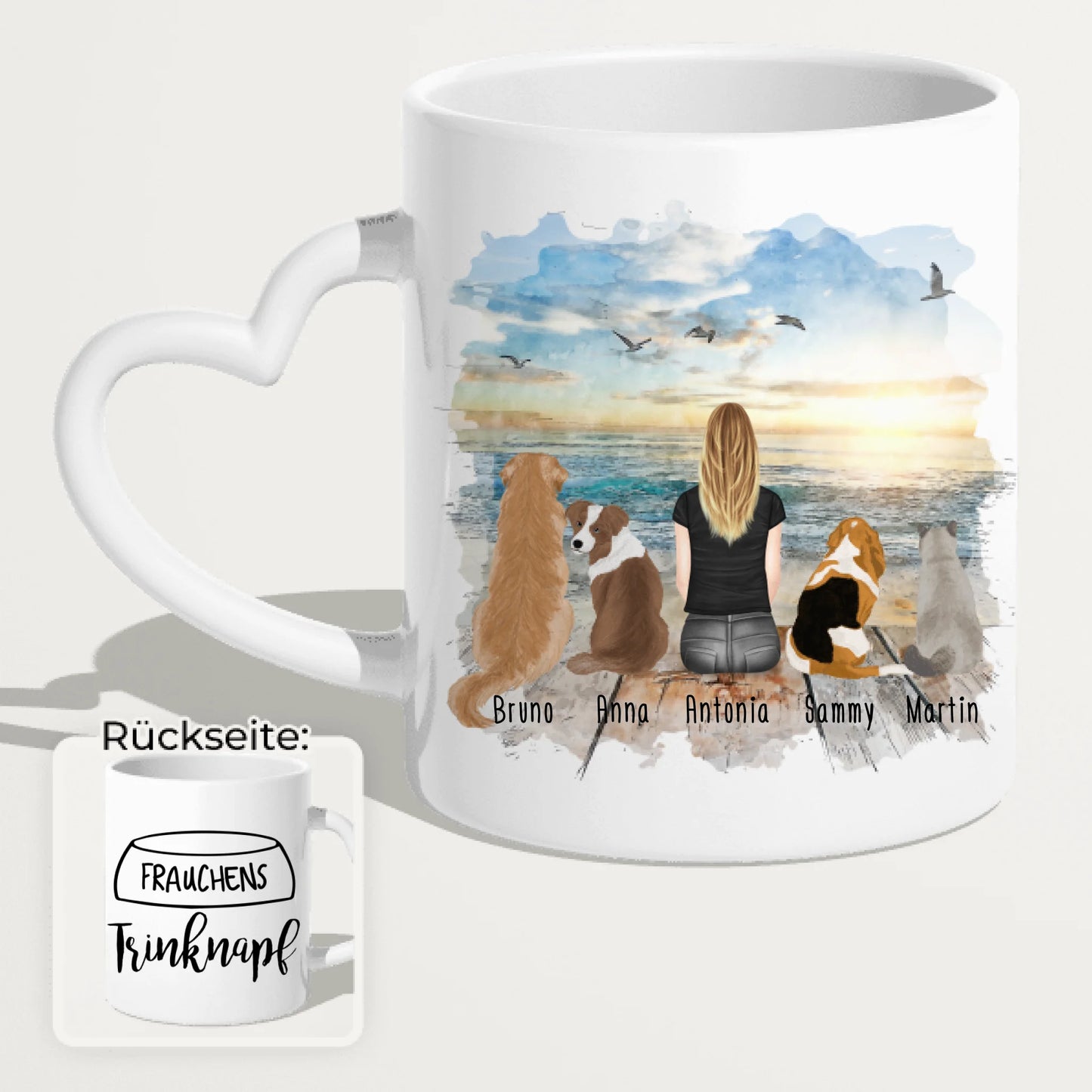 Personalisierte Tasse - 1 Frau/Mann + 1-5 Hunde/Katzen