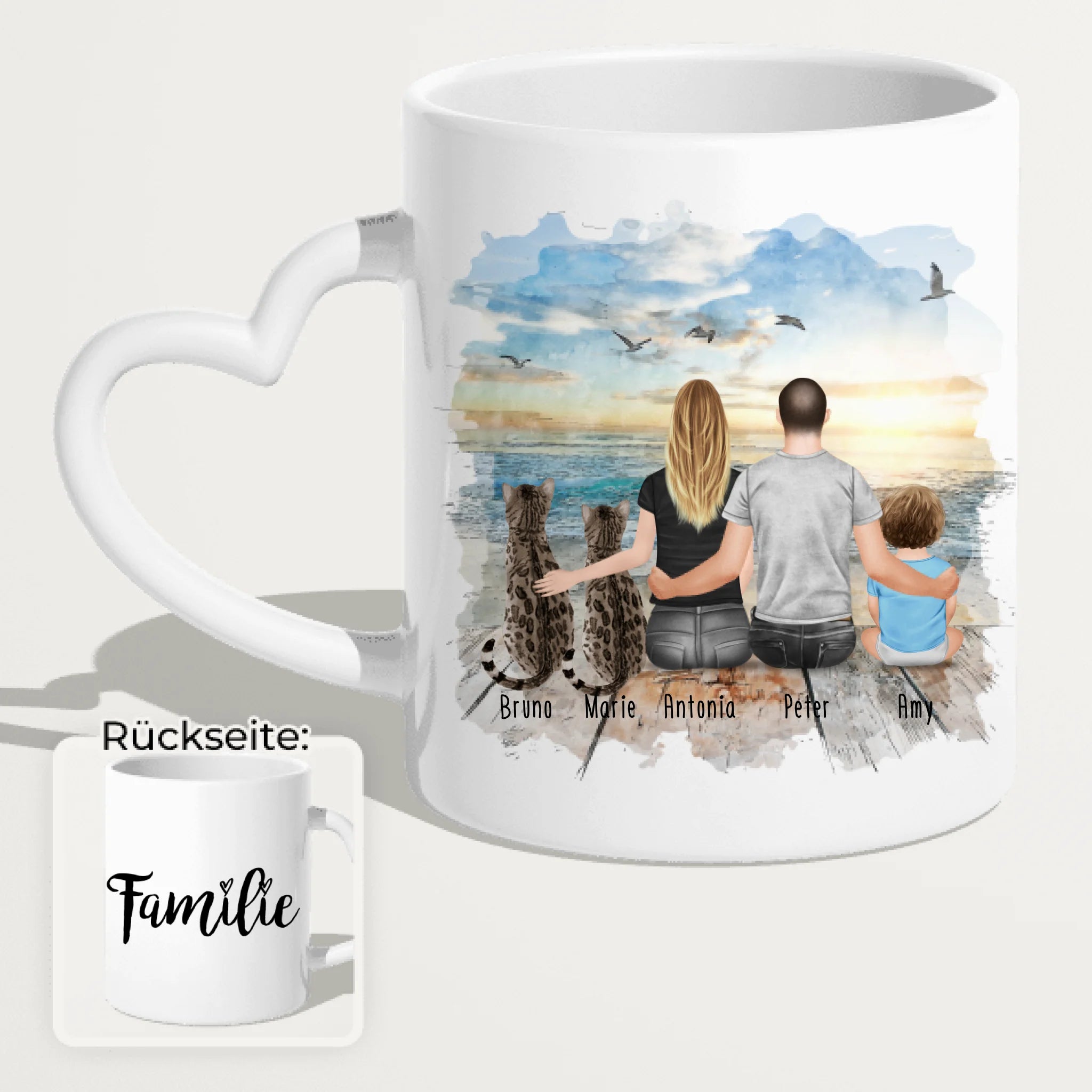 Personalisierte Tasse mit Familie + 2 Katzen (1 Baby) (Version 2)